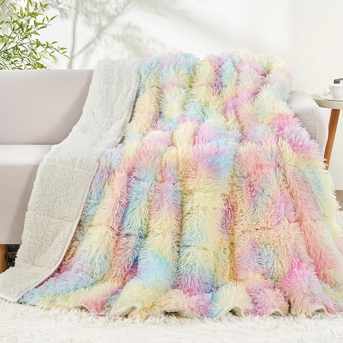 Uttermara Sherpa Fleece Weighted Blanket 12 lbs for Adults, Luxury Shaggy Faux Fur & Cozy Fluffy Sherpa Reverse Snugly Heavy Blanket, Twin Size Throw Blanket for Sofa Bed, 48 x 72 inches, Rainbow