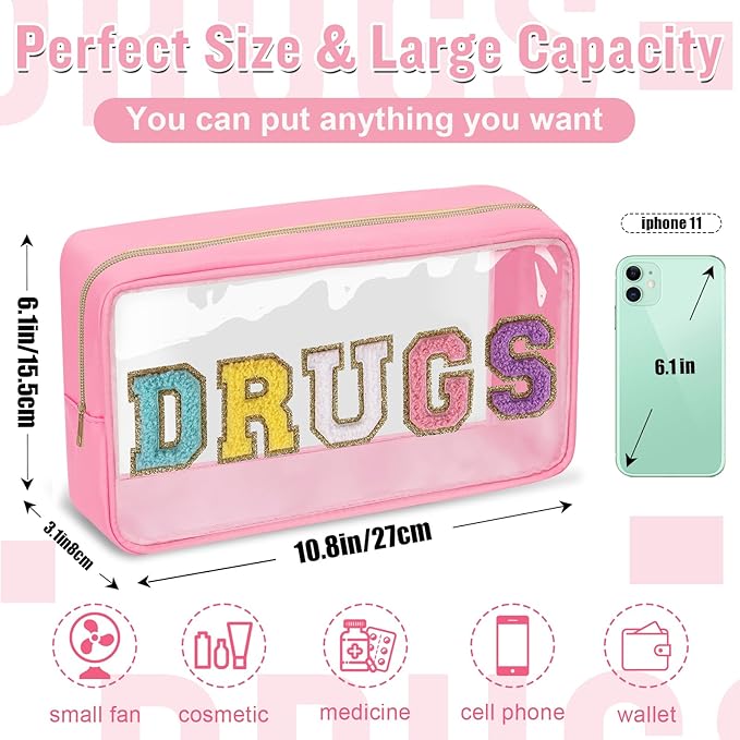 Chenille Letter Bag Clear MEDS Makeup Pouch, Waterproof Portable Medicine Bag for Traveling Preppy Small Meds Bag Zipper Pouch, Nylon Cute Drugs Medicine Organizer Bag for Patient Nurse(DRUGS-Pink)