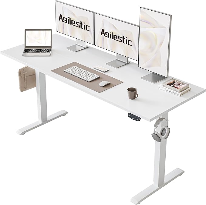 Agilestic Electric Standing Desk, 60 x 24 Inches Height Adjustable Desk, Sit Stand up for Work Office Home, Ergonomic Rising Computer Table with Memory Preset, White