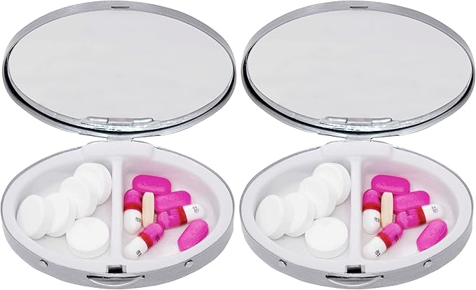Set of 2 Oval-Shaped Pocket Purse Pill Box & Organizer with Dual Compartments (Silver Flat Top)