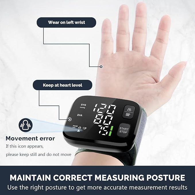 Blood Pressure Monitor LED Backlit Display Automatic Wrist Cuff Blood Pressure Monitors for Home Use 120x2 Reading Memory with Carrying Case, Black