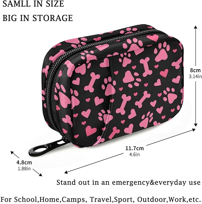 Fustylead Pink Dog Paw Prints Hearts and Bones Pill Organizer and Storage Weekly with Zipper, Removable Pill Box Portable Medicine Organizer for Vitamin Fish Oil Supplement