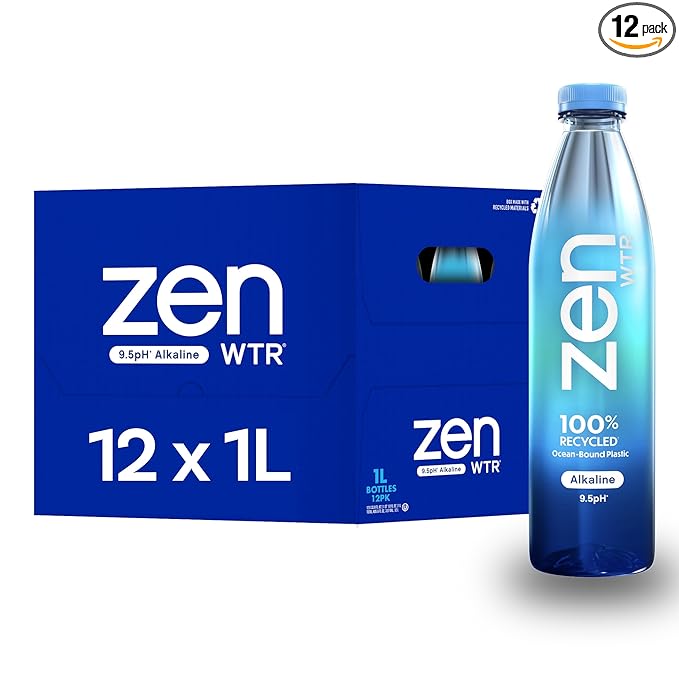 ZenWTR Ultra-Pure, Vapor Distilled Water, 1 Liter (Pack of 12) Bottled Water, 9.5 pH Alkaline Water with Electrolytes for a Crisp, Refreshing Taste