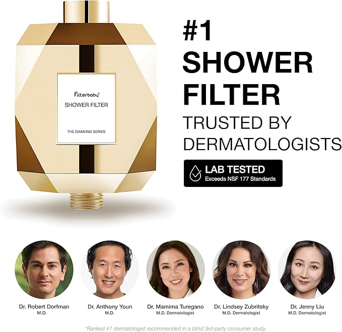 Filterbaby Diamond Shower Filter, IAPMO Certified to NSF177 Standard,Expert Developed Filter for Skin&Hair, Lab Tested to Reduce up to 99%Chlorine,Chloramine&Impurities,Eco Friendly Long Lasting, Gold