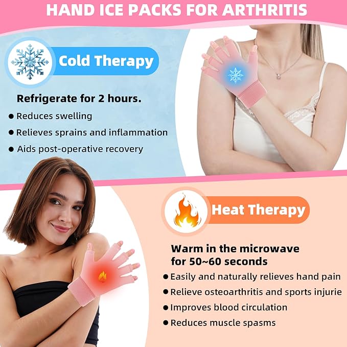 Finger Arthritis Compression Hand Ice Pack Gloves for Pain Relief, Adjustable Pink Wrist Ice Pack for Hot Cold Therapies, Reusable Gel Finger Ice Gloves Sleeve for Tendinitis, Carpal Tunnel