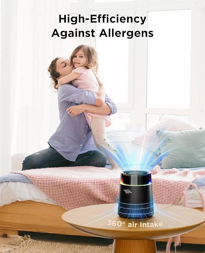 MSB5 Air Purifiers for Bedroom, H13 True HEPA Air Purifier for Home Room Office, 20dB Quiet Air Cleaner with Sleep Mode Colorful Night Light for Pets Dander Pollen (Black)