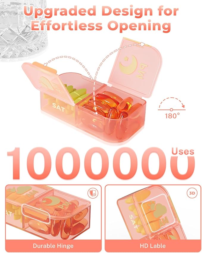 Pill Organizer 2 Times a Day, PU Leather Pill Case for Women, Portable Weekly Pill Box for Purse with Storage Bag to Hold Vitamins, Medications, Fish Oils, Supplements