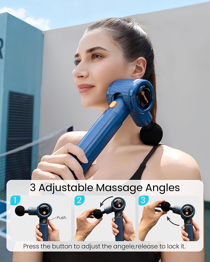 NAPRE Handheld Back Massager,Deep Tissue Neck Massager for Shoulders/Waist/Legs/Body Pain Relief,Cordless Percussion Muscle Massage Gun with Extension Handle & 3 Adjustable Angles,6 Heads,Blue