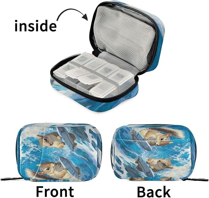 Squirrels Blue Surf Fish Summer Travel Pill Organizer Case Box Container Weekly Portable Vitamin Medicine Holder Storage Bag with Zipper Removable