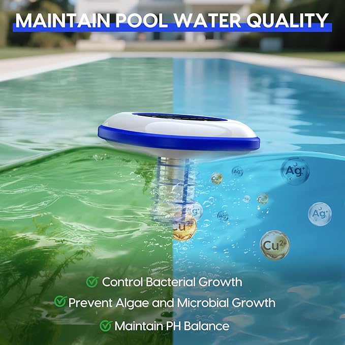 Solar Pool Ionizer Floating Water Cleaner, 85% Less Chlorine, Keeps Pool Water Crystal Clear for Fresh and Salt Water Pools Spas, Reusable