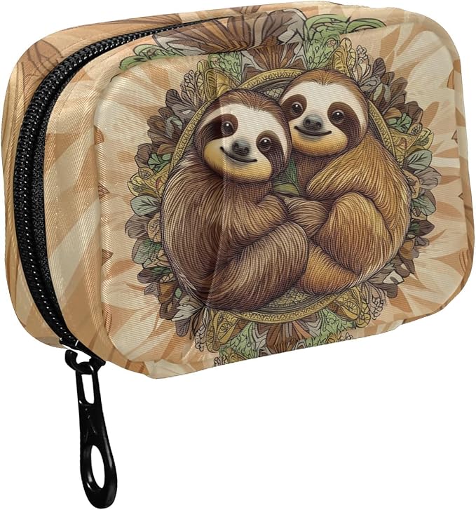 Fustylead Cute Sloths on The Round Background of Mandala Pill Organizers 2 Times A Day Pill Case Bag with Zipper Portable Weekly Pill Dispensers for Vitamin Supplement