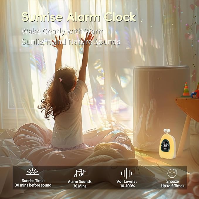 Sunrise Alarm Clock Wake Up Light, White Noise Sound Machine with 20 Soothing Sounds, 10 Night Lights, Bluetooth Speaker/Temp & Humidity/Rechargeable, Dimmable Clock Gift for Baby Kids Adults