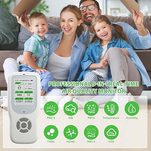 Air Quality Monitor Indoor 9 in 1, Portable Air Quality Tester for PM1.0, PM2.5, PM10, CO2, TVOC, HCHO, AQI, Temperature and Humidity with Alert for Home Office School