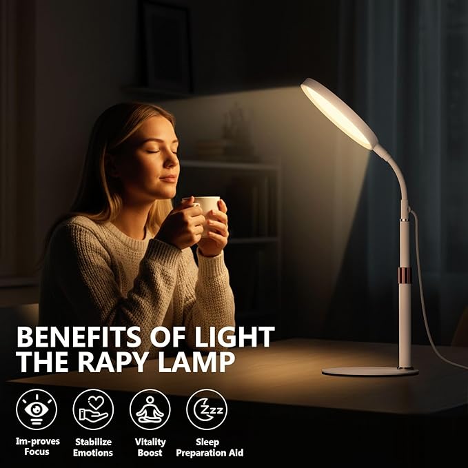 Light Therapy Lamp, LED Sunlight Lamp, 10000 Lux Full Spectrum Happy Therapy Desklamp with UV-Free,3 Color Temperature & 9 Brightness Level & Timer for Home, Office, Decoration (White A)
