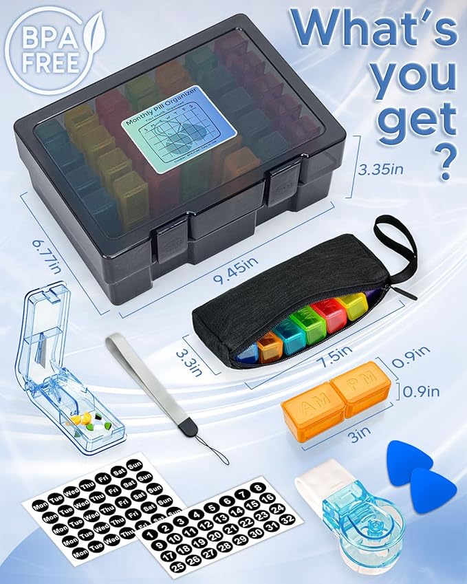 Monthly Pill Organizer 2 Times a Day – Yonlog Large Medicine Box with Weekly Travel Bag, Pill Cutter, Easy-Open Pick, Pill Taker Tool, and 2 Medication Stickers (Black, 2 Times a Day)