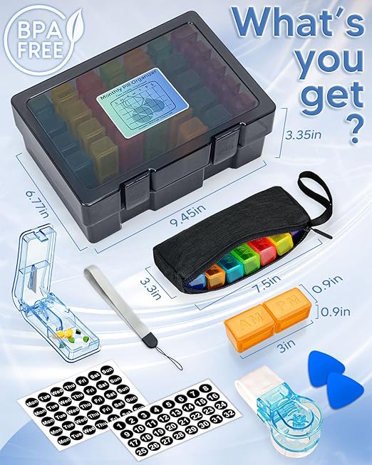 Monthly Pill Organizer 2 Times a Day, FRIWOLE Medicine Box with Portable Weekly Pill Bag, Pill Taker Remover, Pill Cutter and 2 Sticker (Black, 2 Times a Day)