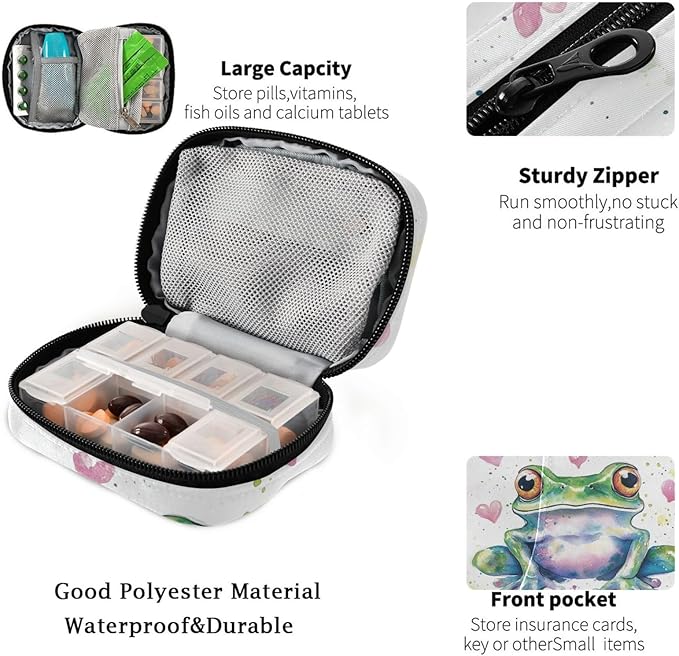 Fustylead Watercolor Vivid Frog and Pink Hearts Travel Pill Case Bag with Zipper Weekly Pill Box 8 Compartments 7 Day Personal Pill Case Purse Medicine Case Organizer