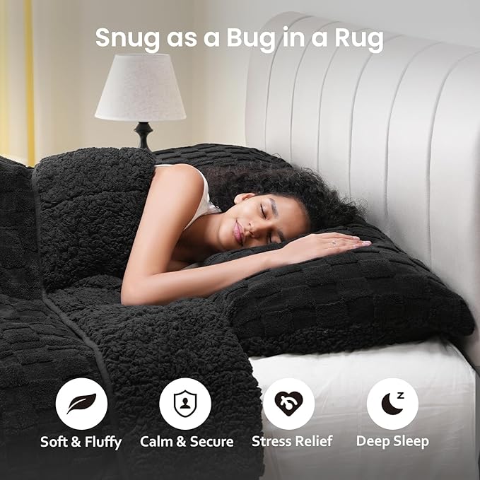 15lbs Weighted Blanket Twin Size, Classy Soft Jacquard 3D Checkered Sherpa Weighted Blankets for Adults, Cozy Fluffy Bed Blanket for Sleeping, 48 x 72 inches, Ceramic Beads, Black