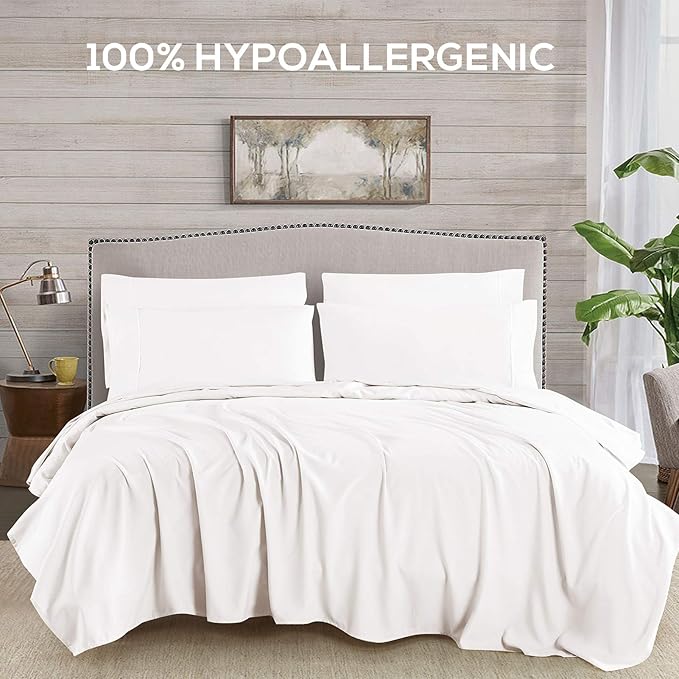Mueller Luxury 6 PC Full Size Bed Sheets, Super Soft 1800, Deep Pocket up to 16" Full Size Sheets, Transfers Heat, Breathes Better, Hypoallergenic, Wrinkle-Resistant, Oeko-TEX, White