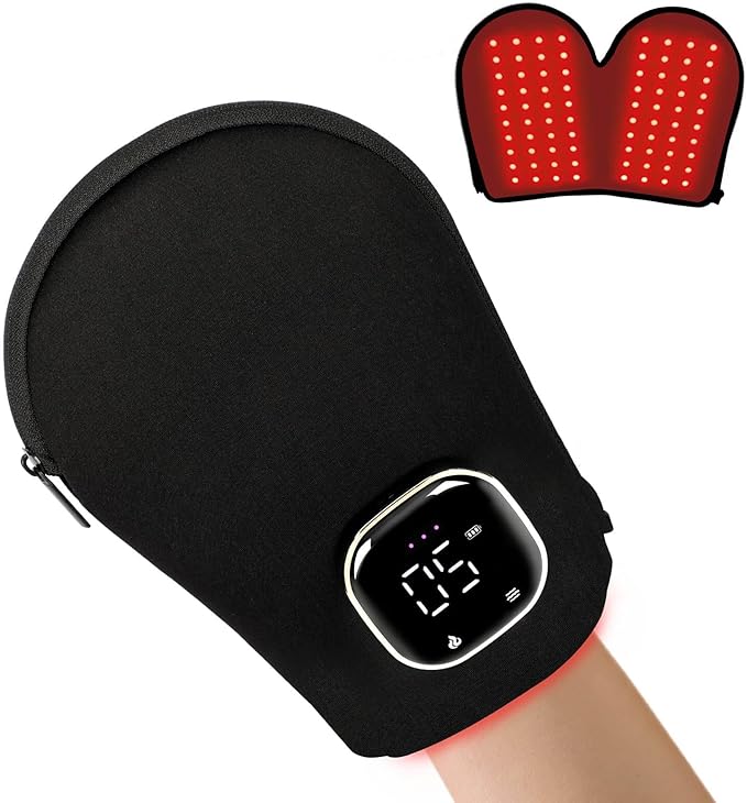 LOVTRAVEL 660nm Red Light Therapy Glove for Hand 850nm Near Infrared Light Device Mitten with Auto-Off Timer Rechargeable Pad for Hands Fingers Wrist Arthritis Joint Pain Relief