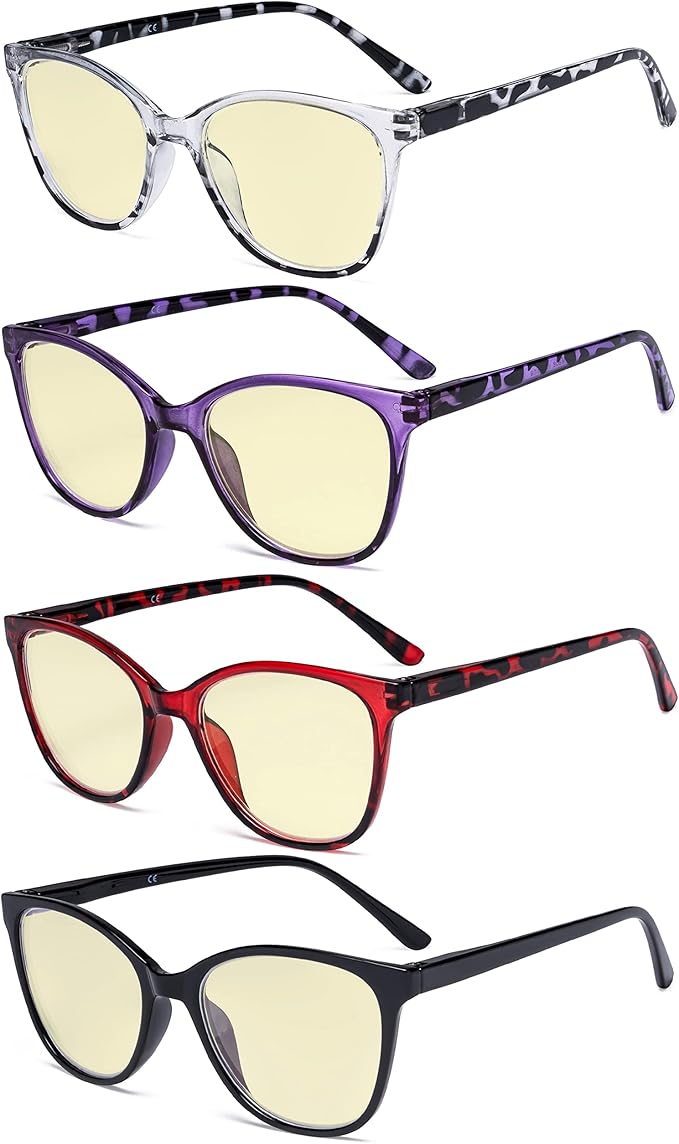 Eyekepper 4 Pack Oversized Blue Light Filter Glasses - Cat Eye Design Computer Reading Glasses for Women Anti Screen Glare Blocking Digital Blue Rays Yellow Tinted +0.00