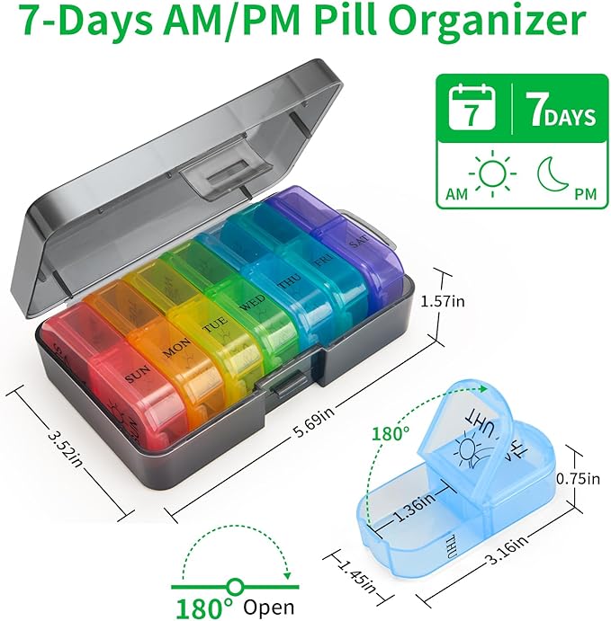Weekly Pill Organizer 2 Times a Day, Am Pm Pill Box 7 Day, Travel Pill Case, Medicine Pill Organizer for Medication, Vitamins, Fish Oils, Supplements