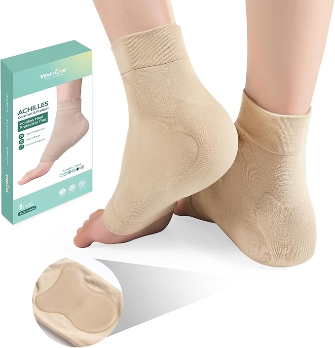Welnove Achilles Tendonitis Heel Protector Socks - 4 Pcs Achilles Tendon Support Compression Socks - Gel Padded Sleeve for Cushion & Protection of Bursitis, Tenderness, Dry Cracked (Beige,Regular)