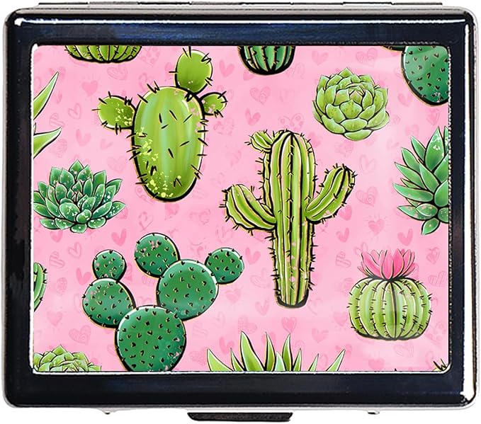 Silver Vintage Pill Box 7 Day Metal Pill Box with Mirror and 8 Compartments Cute Travel Pill Organizer for Purse (Cactus Pink)