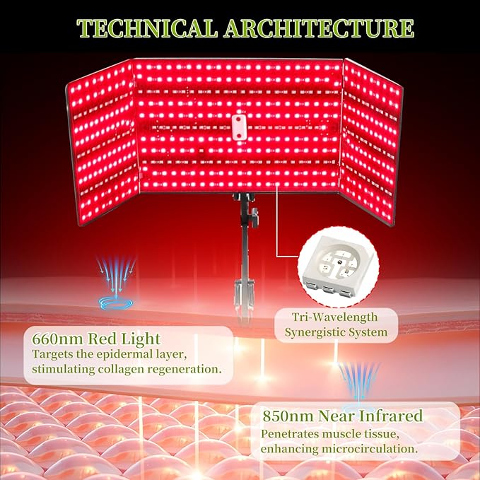Foldable Red Light Lamp with Protective Glasses,480 LEDs 660nm Red & 850nm Near Infrared Lamp with Adjustable Stand,6 Time Settings,5 Brightness,3 Light Modes
