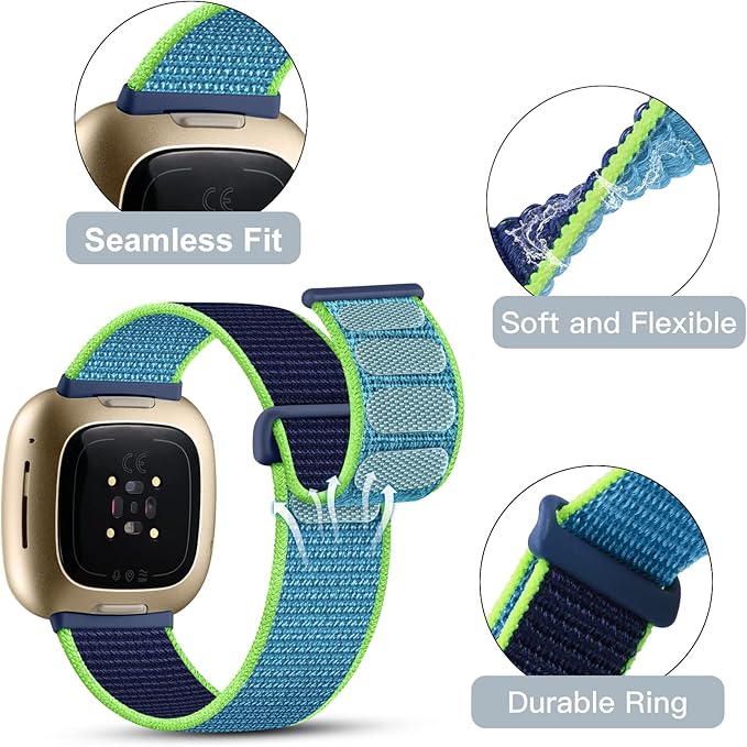 Getino Sport Loop Compatible With Fitbit Sense, Versa 3, Versa 4, Sense 2 - Stretchy Soft Nylon Elastic Braided Strap Replacement Wristband for Women, Royal Green Orange