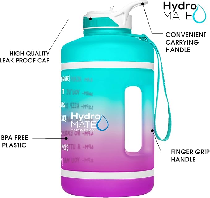 NatureWorks HydroMATE Half Gallon Water Bottle with Time Markers BPA Free Reusable Leak Proof Jug with Straw and Handle 64 oz