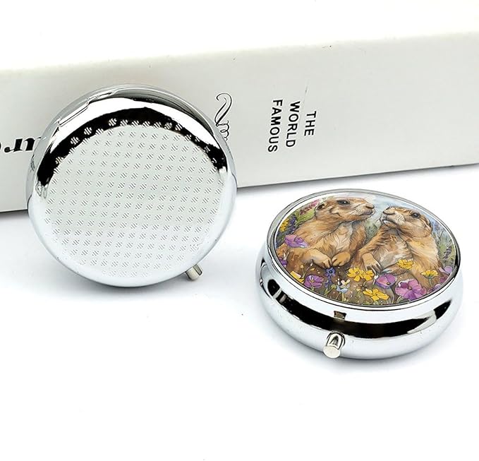 Two Prairie Dogs Pill Box Travel Pill Case for Purse Pocket Weekly Medicine Organizer with Mirror 3 Compartment Round Medicine Case Portable PillcaseHolder for Daily