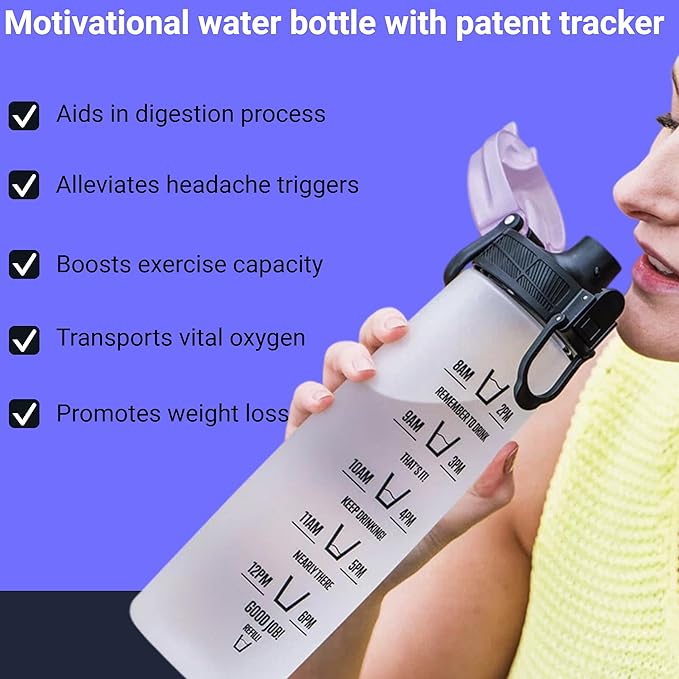 HYDRATEM8 - Active Motivational Sports Water Bottle with Time Markings, BPA Free, Drinks Bottle, 32oz - Frosted