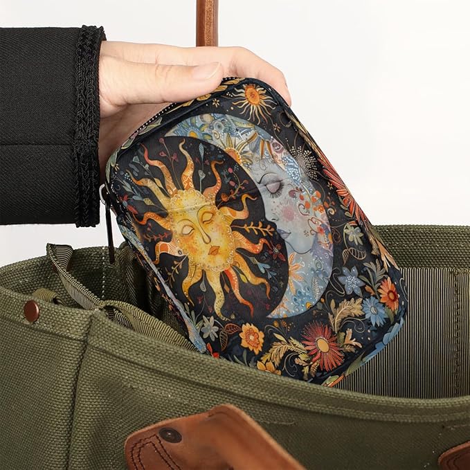 Abstract Sun Moon Flower Travel Pill Organizer Box Weekly Portable Pill Case Daily Pills 7 Day Small Birth Control Pills Container Removable Compartments for Medicine Vitamins Fish Oil