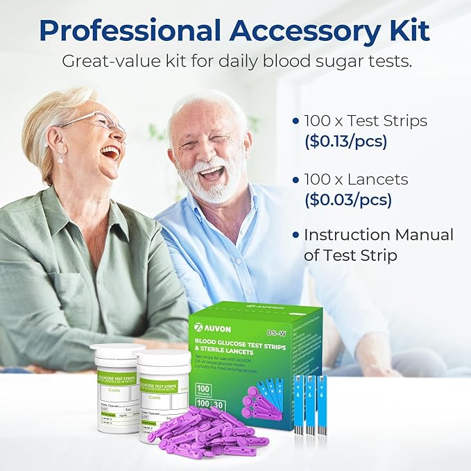 AUVON Blood Glucose Test Strips & Diabetic Lancets Kit, 100 Test Strips for Diabetes, 30 Gauge 100 Lancets for Blood Testing with Less Pain, Fit AUVON DS-W Glucose Meter
