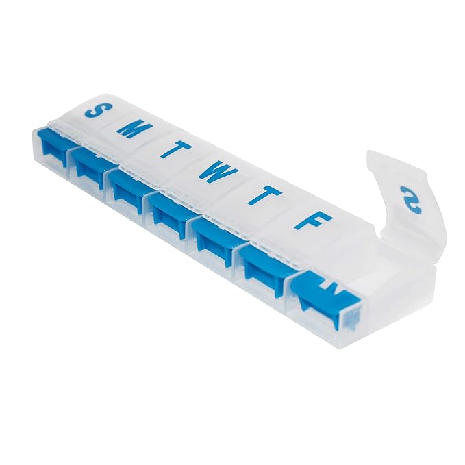 Rehabilitation Advantage Weekly Pill Organizer – 7-Day Push Button Pill Box with Large Compartments, Easy Open Design for Medications and Vitamins. Travel & Daily Use