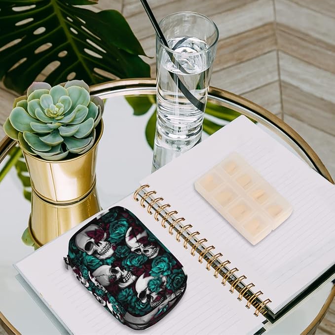 Skull Flower Gothic Style Pill Case Weekly Medicine Organizer with Travel Bag Seven-Day Pill Box Vitamin Supplement Box Fish Oil Pills Holder