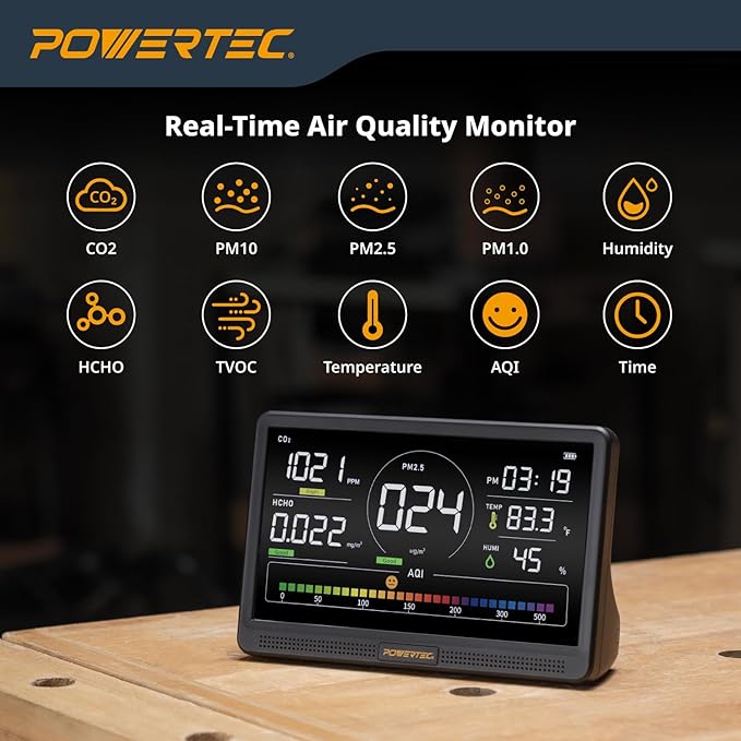 POWERTEC AD1001 Air Quality Monitor with 7" LCD Display - Multi-Sensor CO₂, PM2.5, PM10, TVOC, HCHO, Detector, NDIR Sensors, Rechargeable Indoor/Workshop Air Monitor