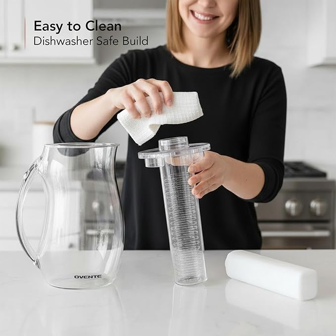 OVENTE Fruit Infusion Water Pitcher 2.5L/85Oz with Removable Lid and Infuser Rod, BPA-Free, Shatterproof Acrylic Beverage Jug for Flavor-Infused Drinks, Lemonade, Juice and Iced Tea, Clear PIA0852C