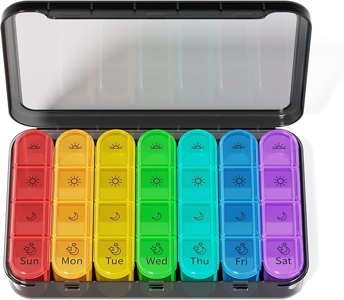 Zoksi Pill Organizer 4 Times a Day, BPA Free Weekly Travel Pill Box，Daily Pill Case with 28 Compartments to Hold Medicine, Vitamin and Supplement(Black)