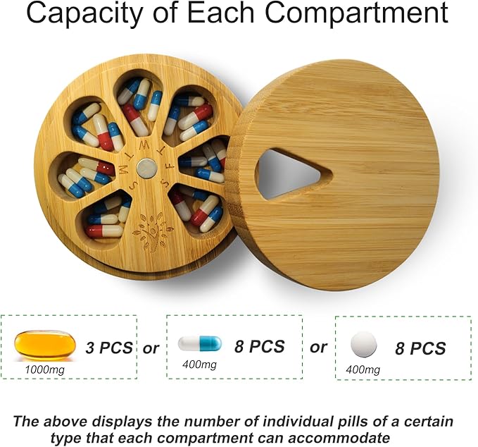 Bamboo Wood Weekly Pill Organizer for Medicine Vitamin Supplement, Arthritis Friendly 7-Day Pill Box Medium Container Holder, Daily Portable Travel Pill Case Keeper Dispenser