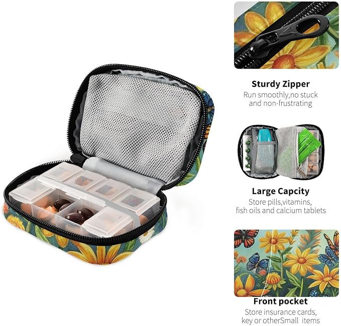 Travel Pill Case Colorful Garden Flowers Weekly Small Pill Box 7 Day Pill Box Pill Organizer Bag
