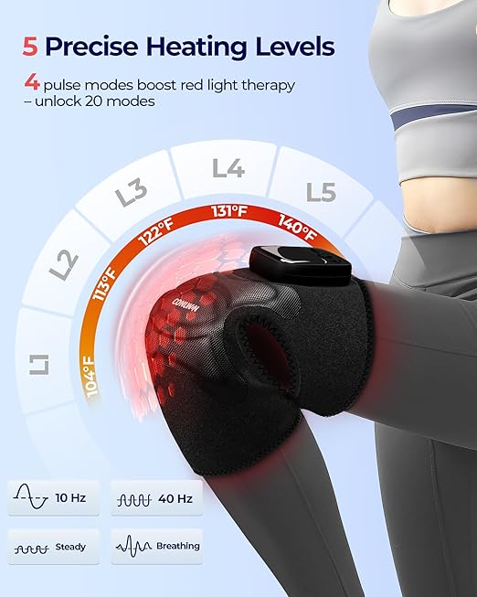 4-in-1 Cordless Knee Massager with Heat and Red Light Therapy for Knees, 6 Vibration & 4 Pulses Knee Pain Relief Device for Shoulder Elbow, Perfect for Women Men Seniors