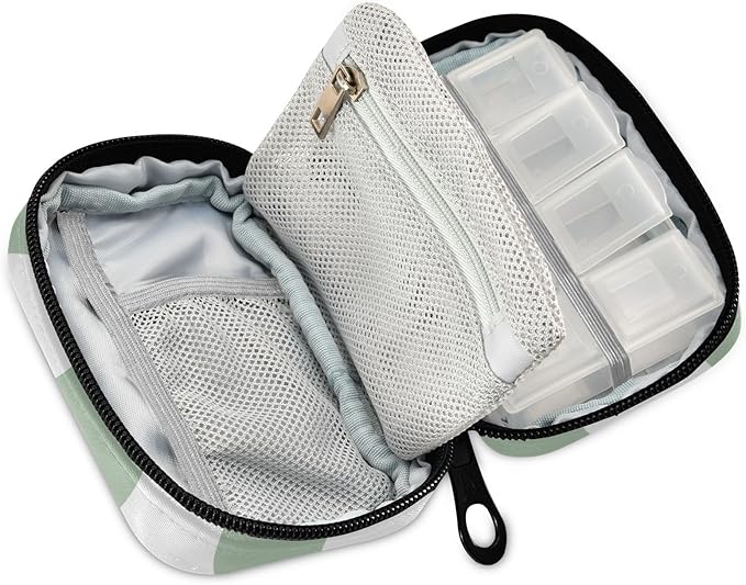 Pill Organizer Box Case Weekly Travel Pill Container Cute Pill Holder 7Day Vitamin Organizer Pill Dispenser Sorter Planner Storage Small Compact Checkered Green and White13