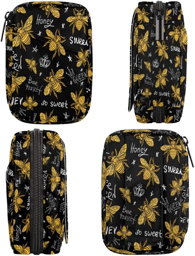 Pill Case Pill Travel Organizer 7 Day Weekly Medicine Pill Box Gold Bee Sweet Small Cute Compact Size Vitamin Container Pill Bottle Portable Birth Control Pill Holder Bag with Zipper