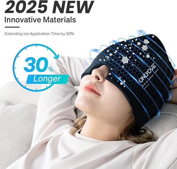 ONLYCARE Migraine Relief Cap,Soothing Migraine Mask,Upgraded Odorless Gel Ice Head Wrap, Hot and Cold Therapy, FSA or HSA Eligible Headache Ice Pack for Tension and Stress (Black 2 Pack)