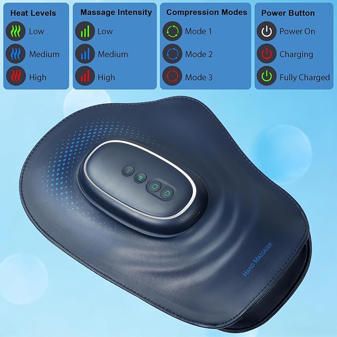 Portable Hand and Wrist Massager with Heat and Compression, 3 Modes, 3 Intensities and 3 Temps (100°F–116°F), for Palm & Fingers, Rechargeable, Home, Office, Travel (Blue)