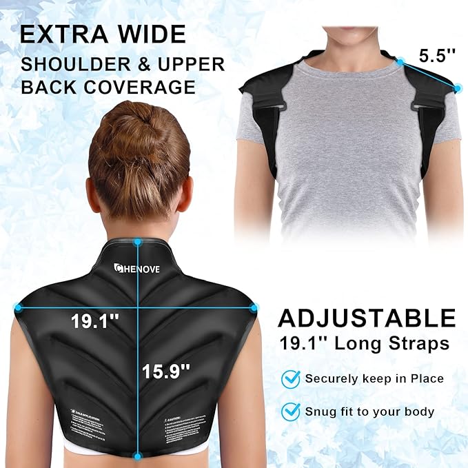 Chenove Ice Pack for Shoulders Upper Back with Strap, Neck and Shoulder Ice Pack Wrap Rotator Cuff Gel Reusable with Cold Compression Therapy, Soreness (Black)
