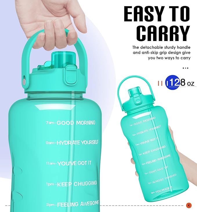 HydroPal 1 Gallon Water Bottles with Straw, 128 oz Water Bottle BPA Free Innovative 2-IN-1 Lid Gym Bottle with Times to Drink Motivational, Large for Sports Fitness Camping Water Jug （13.8X5.5 inch）