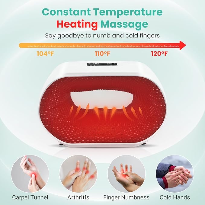 JQX Cordless Heated Hand Massager for Arthritis & Carpal Tunnel Relief - 3-Level Compression Therapy with Air Pressure & Vibration, Rechargeable Gifts for Women/Men (White)